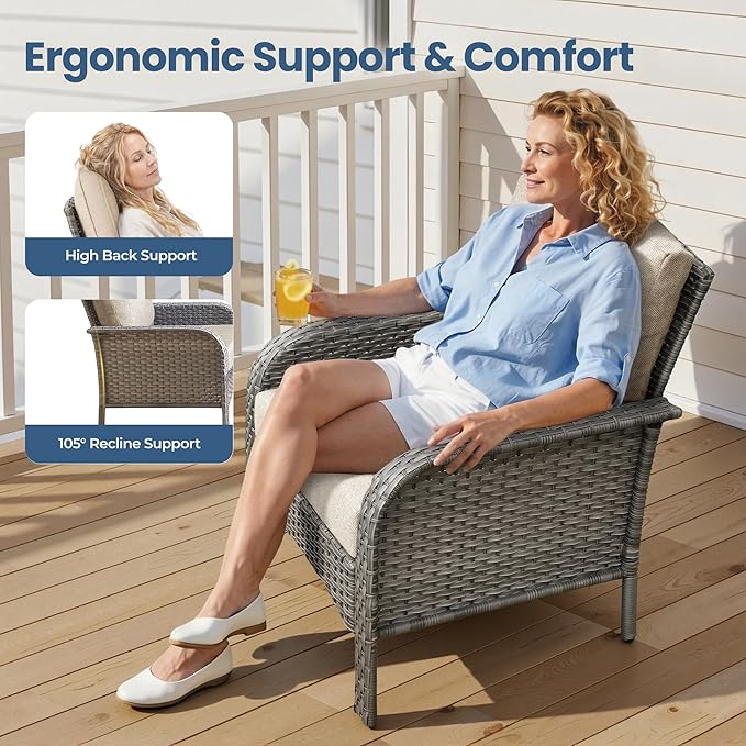 Weaxty Wicker Patio Furniture Set High Back Loveseat Sofa Couch Armchair Coffee Table, All Weather Rattan 4 Pieces Outdoor Conversation Sets for Patio Porch Deck Backyard Poolside, Beige