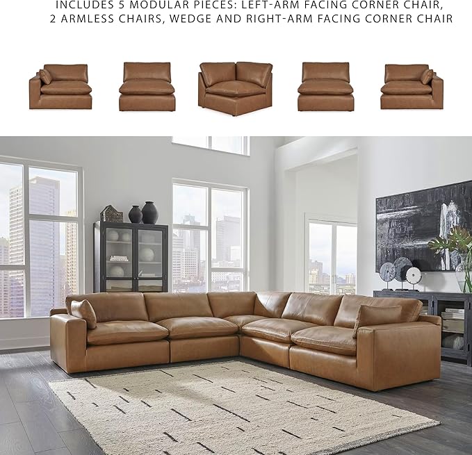 Signature Design by Ashley Emilia Modern Modular Leather Match 5-Piece Sectional with Loose Back Cushions and 2 Bolster Pillows, Light Brown