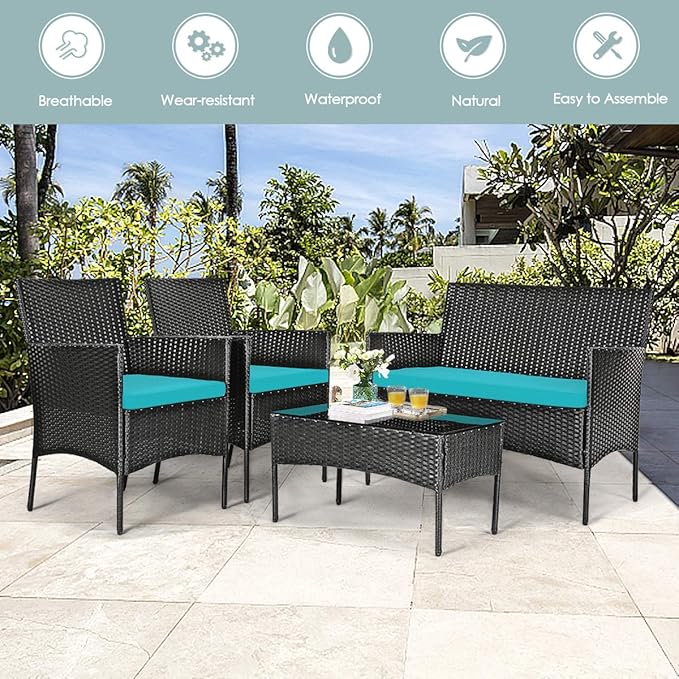 8 Pieces Patio Furniture Set, Outdoor Conversation Set with Ergonomic Curved Backrest, Patio Chair Set with Water-Resistant Cushion & Tempered Glass Table for Balcony,Porch(Turquoise)