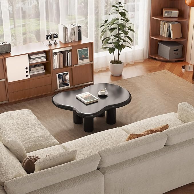 Guyii 35.43" Cloud Coffee Table, Black Coffee Table for Living Room, Cartoon Irregular Indoor Tea Table, Modern End Table with 4 Legs