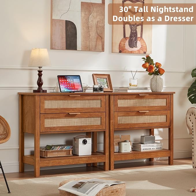 LEYAOYAO 31.5" Wide Rattan Night Stand, Large Boho Nightstand, Bedside Table with Storage, Tall Bed Side End Tables, Chest of Drawers for Bedroom, Living Room, Hallway（Tea,2 Drawers with Charger,2） - Image 8