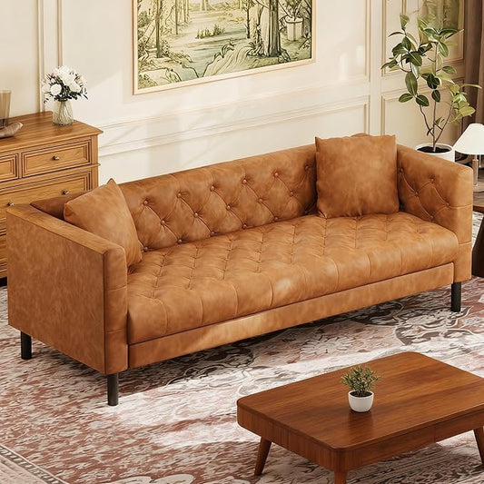 IDEALHOUSE 81" Mid Century Modern Leather Sofa, 3 Seater Chesterfield Couch with Button Tufted Back & Deep Seat, Upholstered Living Room Sofa for Apartment or Office, Cognac Tan