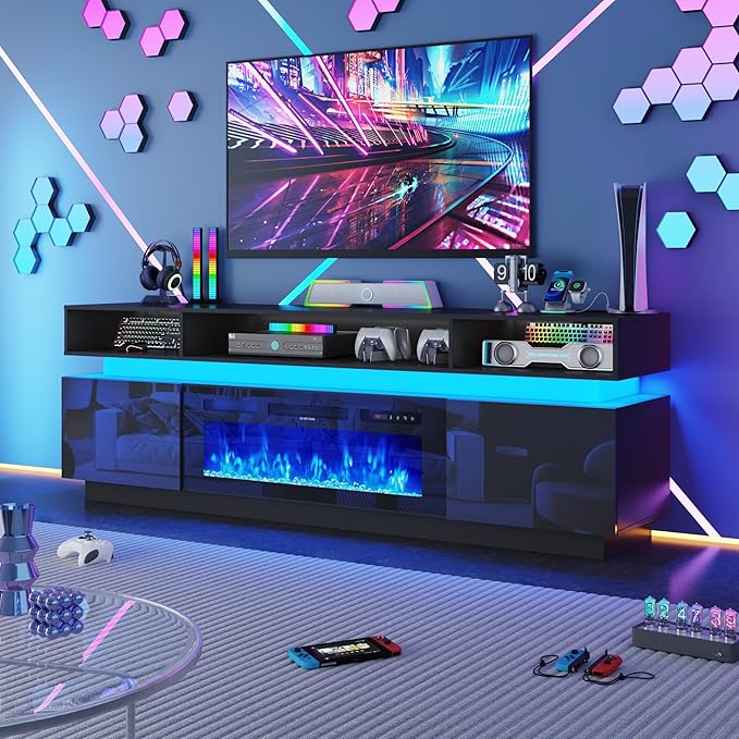 chartustriable Fireplace TV Stand for 95" TV, 83" LED Entertainment Center with 40" Fireplace & Power Outlets, High Gloss TV Stand, Gaming TV Media Console for Living Room, 83 Inch, Black by chartustriable