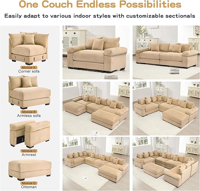 KEIKI 54" Oversized Corduroy Modular Sectional Single Sofa with 1 Ottoman, High-Density Foam Cushions, Extra-Thick Armrests, Modern 1-Seater Lounge Accent Chair with 3 Pillow, for Living Room, Camel