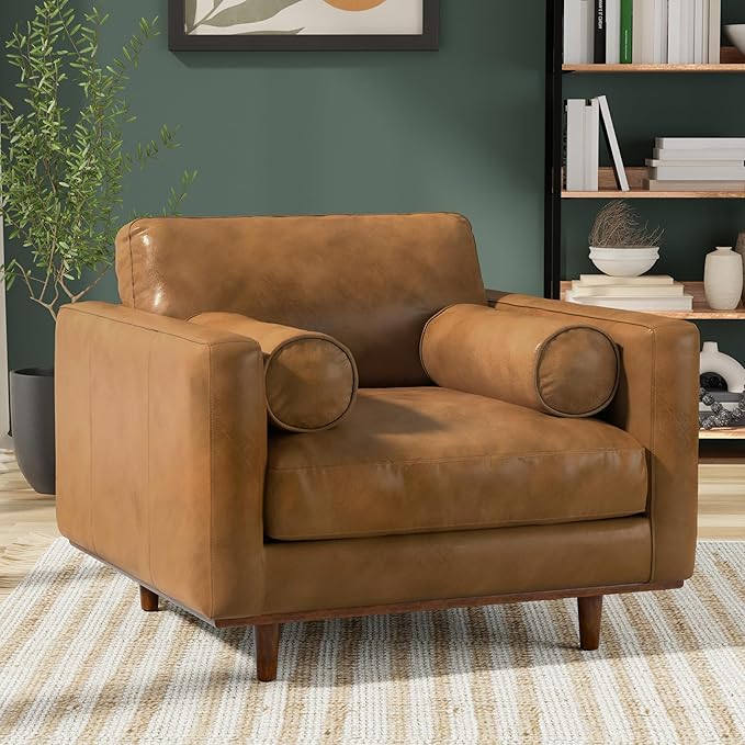 SIMPLIHOME Morrison Arm Chair - 42 inch Wide Upholstered Genuine Leather Mid-Century Modern Accent Chair in Sienna with Solid Wood Legs, Reversible Bolster Pillows and Reclined Back