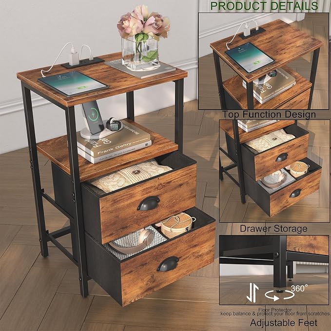 Sthmec Rustic Brown Industrial Nightstand Set of 2, Bedside Table with 2 Fabric Drawers, 3-Tier Storage, LED Light, Charging Station, 11.38''D * 15.38''W* 24.75''H - Image 6