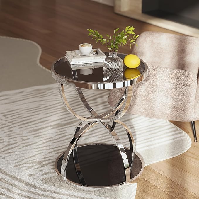 20" Tempered Glass Round Coffee Table Modern Chrome Frame Dome Base Two Tiers Circle Small Living Room Center Tables