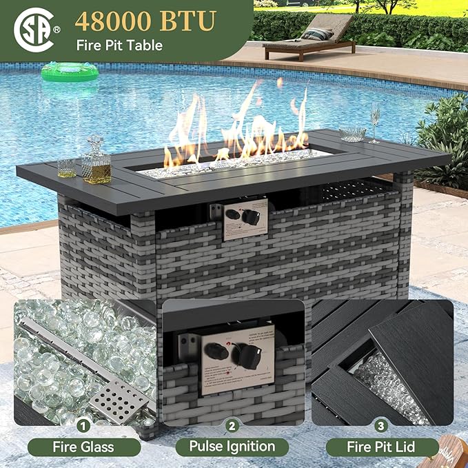 Aoxun 7 Piece Patio Furniture Set with Wide Armrests & 44” Fire Pit Table Wicker Rattan Outdoor Sectional Sofa Set with Coffee Table and Thickened Cushions, Gray/Blck(Waterproof Cover Included)