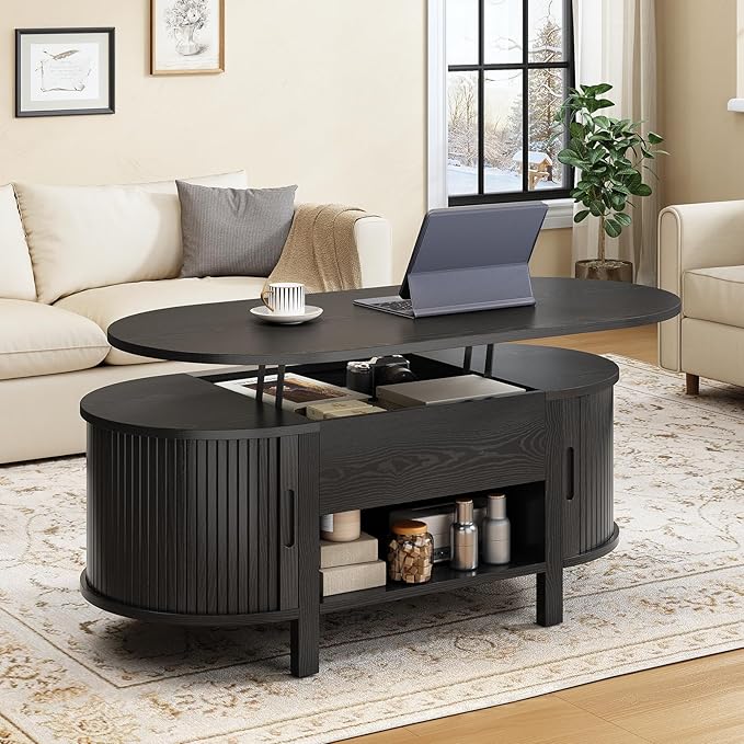 ONBRILL 43.3" Oval Lift Top Coffee Table with Hidden Compartment, Fluted Wood Coffee Table with Sliding Door, Mid-Century Modern Lift Tabletop Dining Table for Living Room, Home Office, Black
