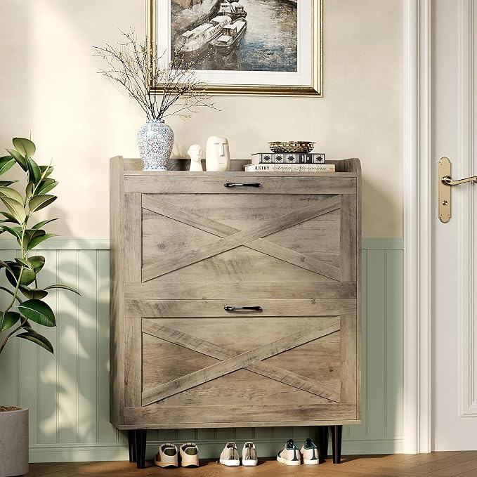 VINGLI Shoe Storage Cabinet for Entryway with 2 Flip Drawers, Ultra Slim Freestanding Entryway Shoe Organizer with Wood Tapered Legs,Hidden Closed Shoe Rack,31.6" W * 9.4" D * 39.4" H, Washed Gray by VINGLI