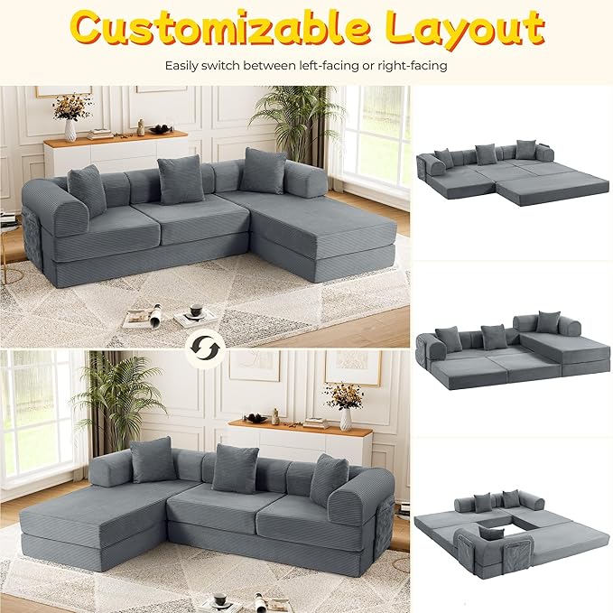106.3" L Shape Convertible Sleeper Sofa Bed, Oversized Modular Sectional Cloud Sofa with Fixed-Shape Frame & Storage Pocket, Boneless Couch for Living Room, No Assembly Required, Dark Gray