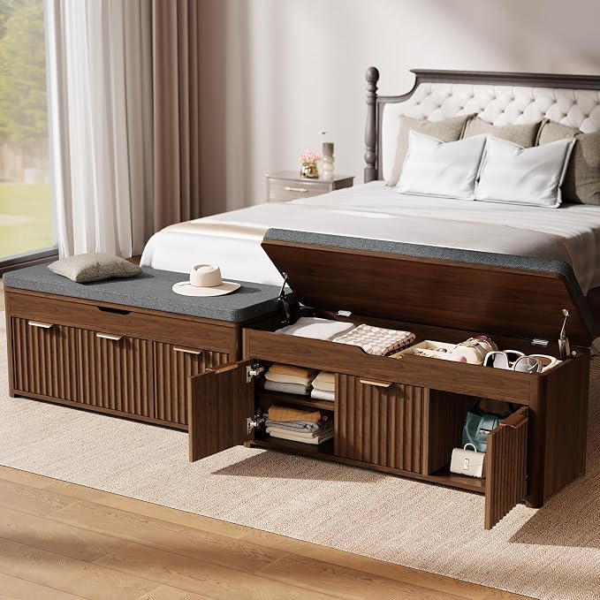 Shoe Bench with Storage - Lift Top Entryway Bench with Hidden Storage, Shoe Rack with Adjustable Shelves and Cushioned Seat, Wooden End of Bed Bench for Bedroom, Living Room and Hallway,Walnut - Image 5