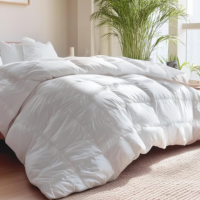 SANSWAN Queen Size Winter Goose Down Feather Comforter, Breathable Heavyweight Hotel Duvet Insert, 100% Organic Cotton Cover, Ultra Soft & Warm, 90x90 Inch, White