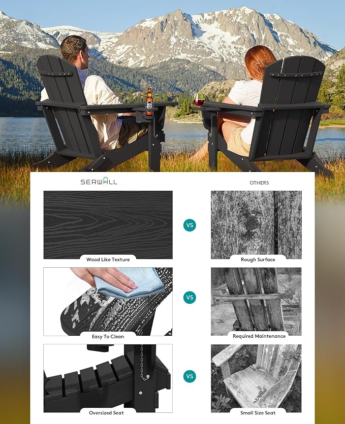 SERWALL HDPE Folding Adirondack Chair with Dual Cup Holder - Composite Adirondack Chair - Black - Image 5
