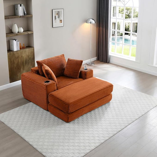 Eafurn 52.4" Oversized Chaise Lounge Indoor with Foldable Ottoman Convertible Boneless Sleeper Sofa Bed, Deep Seat Lounge Chair with Cup Holder & Side Pocket, No Assembly for Living Room | Breathable material, Cupholders