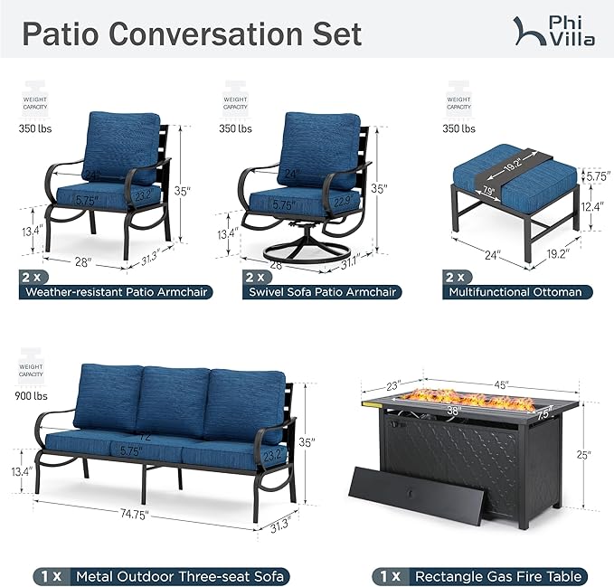 PHI VILLA 8 PCS Patio Furniture Set with Fire Pit Table,Metal Outdoor Furniture with 1 x 3-Seat Bench Sofa, 2 x Swivel Sofa Chairs, 2 x Leg Chair & 2 x Ottoman, Modern Patio Set, Peacock Blue