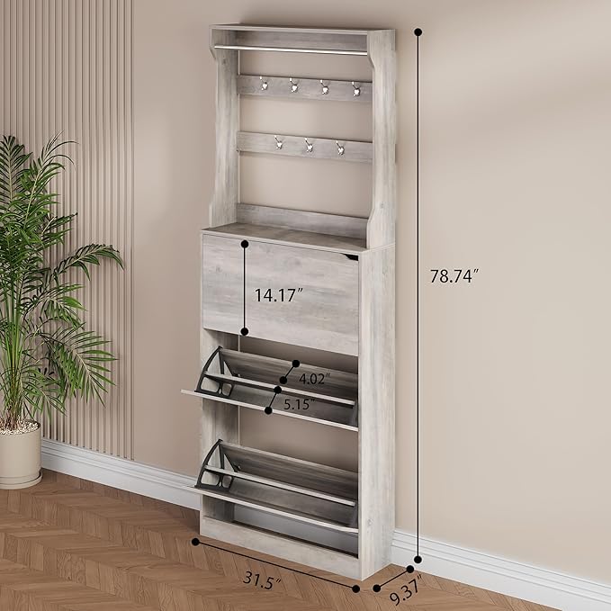 Shoe Storage Cabinet, Wood Shoe Organizer for Entryway with 3 Flip Drawers, Freestanding Shoe Rack with Adjustable Shelf, Narrow Shoe Dresser for Front Door Entrance(Grey, 78.74" x 31.5" x 9.37") - Image 2
