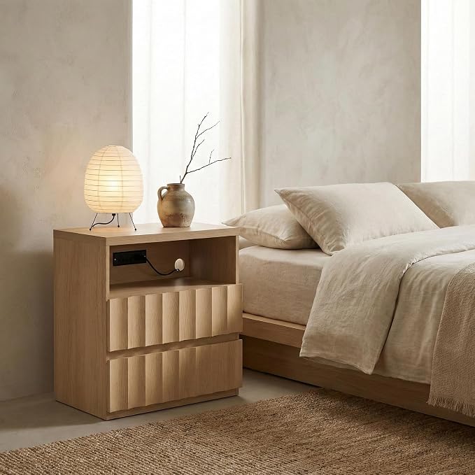 VividVibe Wide Fluted Nightstand Set of 2 with Charging Station, Side Table with Discreet Rear Cord Cutouts, 2 Drawers Wooden Modern Organic End Table Bedside Table for Bedroom Home Office Light Oak - Image 6
