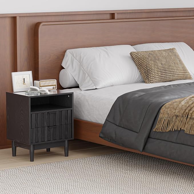 Fluted Nightstand, 19" Wide Night Stand with Solid Wood Legs, Open Storage Shelf, Mid Century Modern Wooden Bedside Table for Bedroom, Bed End Side Table, Black - Image 7