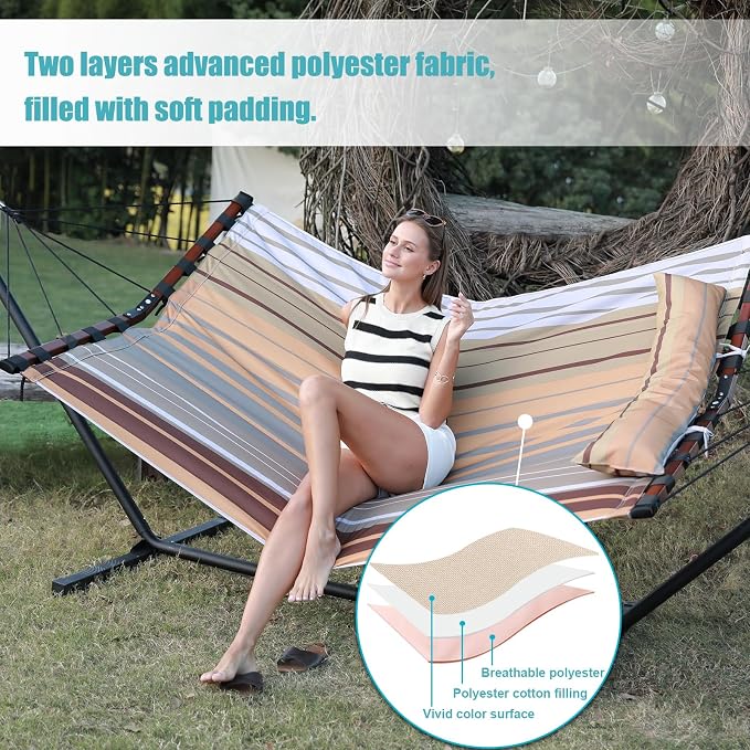 TegerDeger 12FT 2 Person Hammock Large Hammock 450LB Capacity with V Shaped Hardwood Spreader Bar & Nylon Rope for Outside, Patio, Garden, Backyard, Beach, Poolside - Fall Yellow Stripes - Image 5