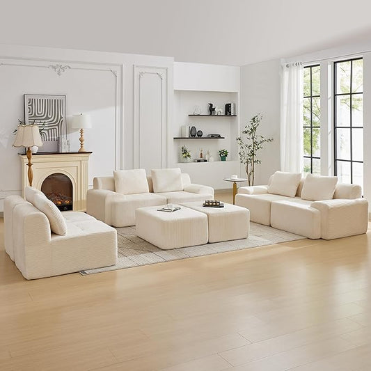 Modular Sectional Sofa with Movable Ottoman, 6 Seat Deep Seat Couch with 6 Pillows, Comfy Cloud Sectional Sofa for Living Room, Bedroom and Apartment (White, 2 Left+2 Right+2 Middle+2 Ottoman)