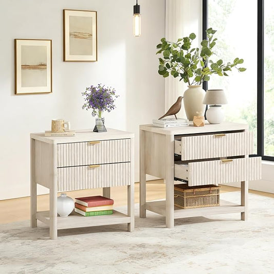 ROCSUMOO Fluted Nightstand Set of 2, Wooden Night Stand with 2 Drawer, Modern Nightstands with Storage Shelf, Night Stands for Bedroom (Beige) by ROCSUMOO