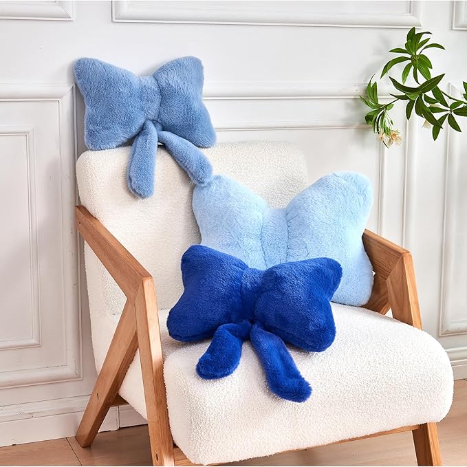 XVTRU Navy Bow Pillow, Soft Bow Decorative Pillows with Faux Rabbit Fur, Cute 12" Bow Throw Pillows, Aesthetic Home Decor Bow Shaped Plush Pillow for Bedroom Sofa Couch