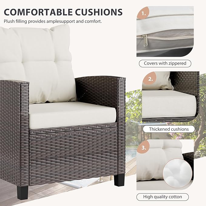 Vongrasig 3 Pieces Patio Furniture Set Small Outdoor Wicker Rattan Front Porch Bistro Set Cushioned Patio Chairs Conversation Set with Glass Table for Lawn, Garden, Backyard, Balcony, Beige
