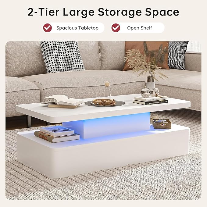 40" Modern Smart LED Coffee Table with Remote Control, 2-Tier Rectangle Center Table for Living Room - Large Storage, High Glossy Surface, RGB Color Changing Lights, White
