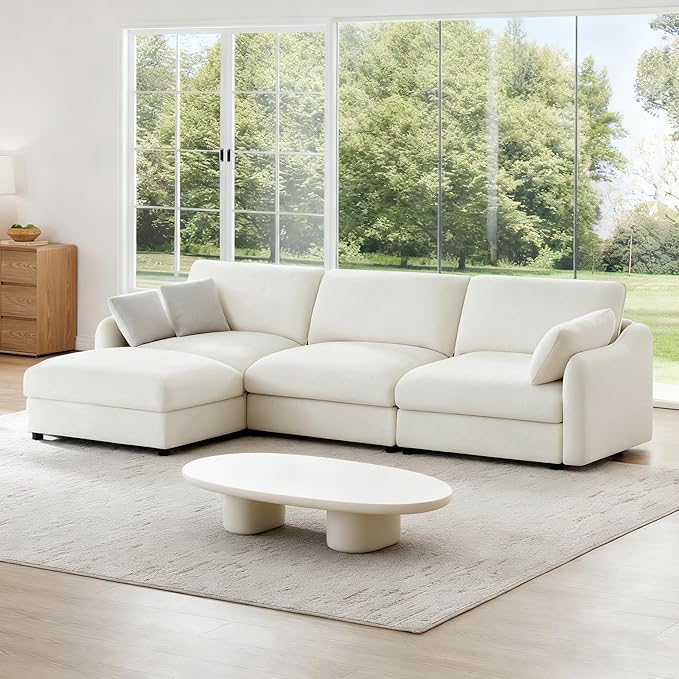 113" Cloud Sectional Couches for Living Room,L Shaped Oversized Modular Modern Linen Sofa with 1 Movable Ottoman,4 Deep Seat with 2 Throw Pillows,Warm White