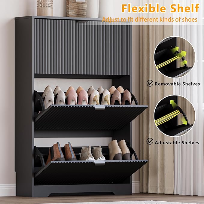BORNOON Entryway Shoe Cabinet with 3 Flip Drawers, Narrow Shoe Organizer Cabinet with Fluted Panel and Adjustable Shelves for Foyer, Hallway - Image 3