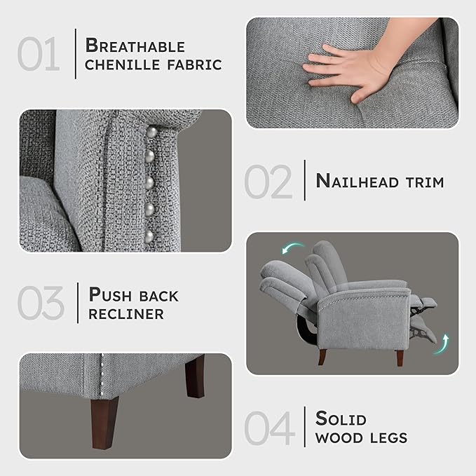 Lexicon Push Back Recliner Chair with Footrest, Reclining Sofa Armchair, Modern Chenille Fabric Recliner with Nailhead Trim for Living Room/Office/Apartment, Gray