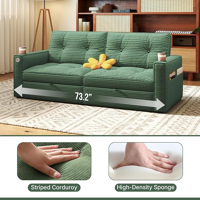 Rovibek 73.2" Convertible Sofa Bed, Pull Out Couch with USB Charging Port & Cup Holders, Adjustable Backrest, Side Pockets, Modern Corduroy Sleeper Sofa for Living Room, Bedroom, Apartment, Green