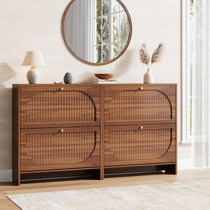 Nicetree Arch-Chic Shoe Cabinet for Entryway, Modern Mid-Century Shoe Storage Cabinet with Fluted, Narrow Shoe Rack with Adjustable Shelves & Tipping Protection, Fits Size 12 Shoes,Luminous Walnut - Image 6
