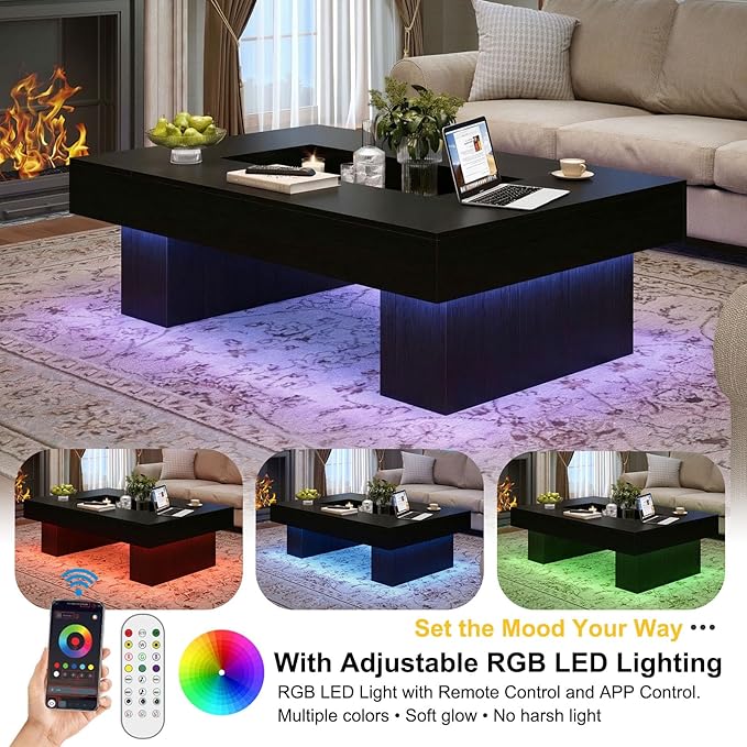 LVB Black Coffee Table, Modern Wood Led Living Room Table with Storage, Unique Large Wide Rectangle Center Table with LED Light, Contemporary low Tea Table for Bedroom Home Office, 47.24 In, Black Oak