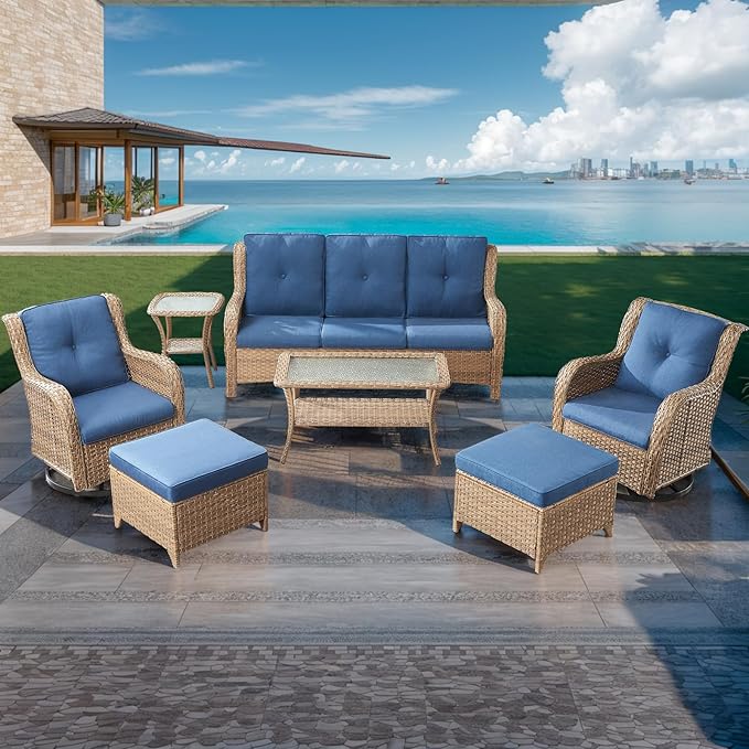 HUMMUH Patio Furniture 7 Pieces Outdoor Furniture Set PE Wicker Patio Couch with Swivel Rocker Chairs,Patio Ottomans,Outdoor Tables, Yellow/Blue