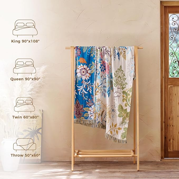 LUTBM Boho Throw Blanket for Couch Sofa Chair Cotton Spring Blankets for Bedroom Living Room All Season Soft Lightweight Reversible Floral Embroidery Decorative Throws 50"x60" Home Decor