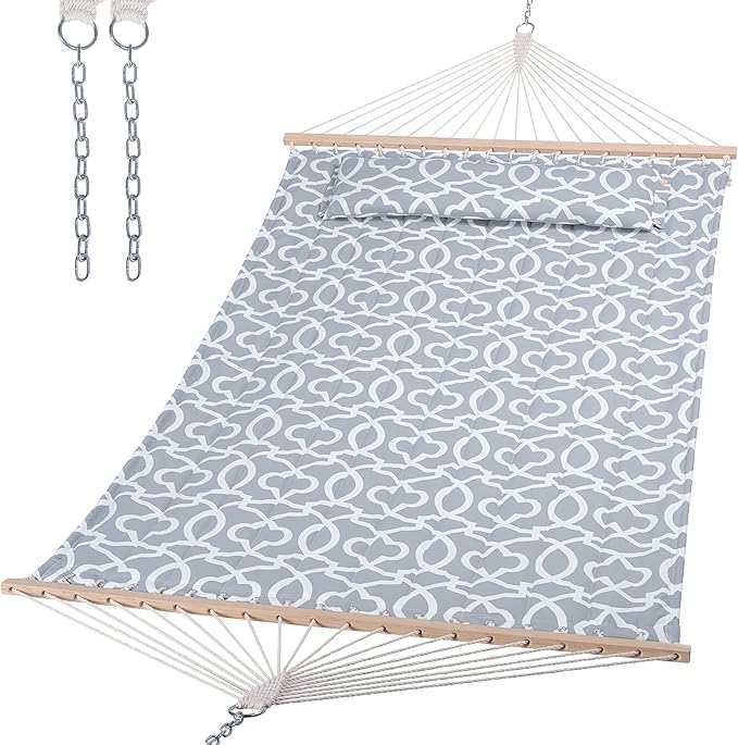 SUNCREAT Double Quilted Hammock with Hardwood Spreader Bar, Extra Large Soft Pillow, Heavy Duty 2 Person Hammock for Indoor, Outdoor, Grey Pattern by SUNCREAT