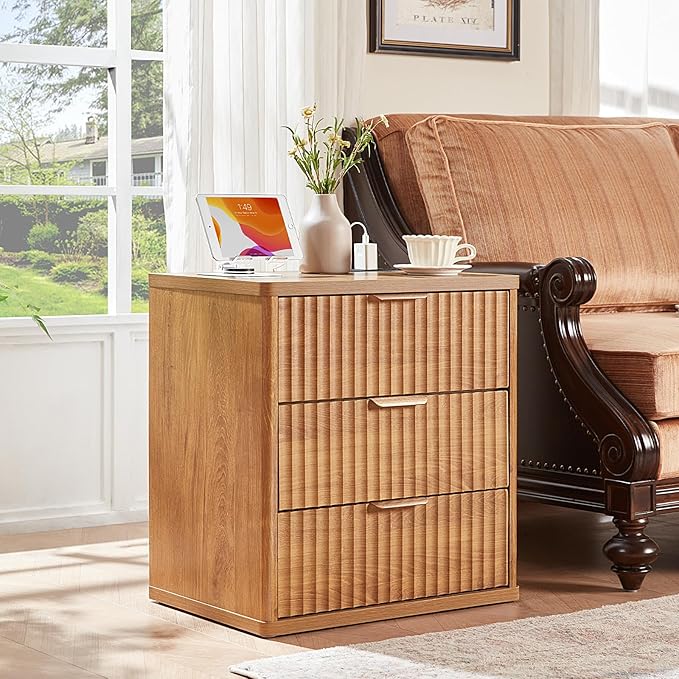 LEYAOYAO Fluted Dressers & Nightstand Set of 3, Wood 48" Wide Dresser & 42" Tall Chest of Drawers,Modern Bedroom Furniture Sets, Brown Wooden Nightstand with 3 Drawers & Charging Station