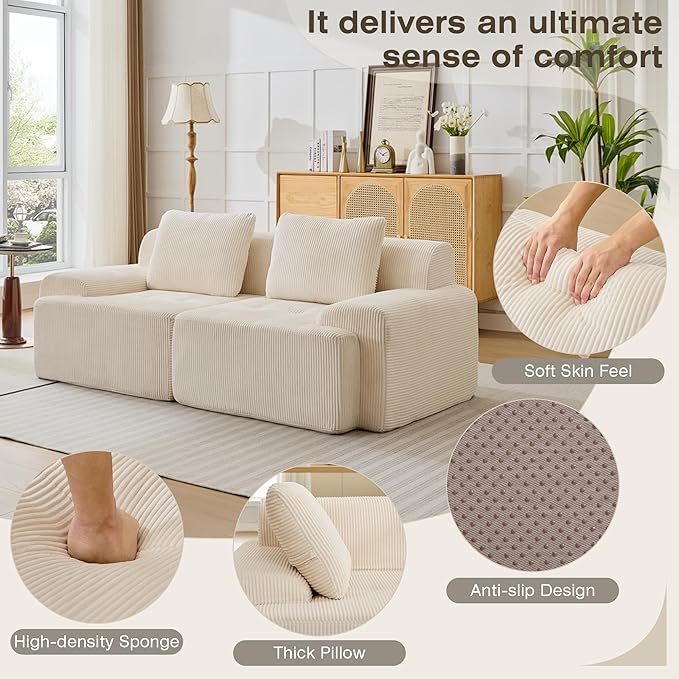 Modular Sectional Sofa, Boneless Couches for Living Room, Corduroy Couch, Big Comfy Couch, Modular Cloud Sofa with Deep Seat (White, 2 Pieces-Loveseat)