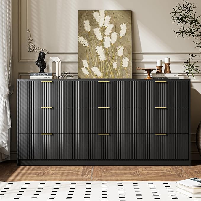 MAISONARIA 3-Piece Dresser Bedroom Set, 9 Drawer Dresser & 2 Drawer Nightstands with Gold Handles, Fluted Wood Chest of Drawers for Bedroom, Living Room, Entryway, Black
