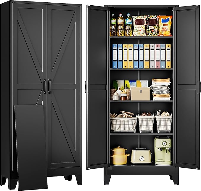 SISESOL Wide & Deep Pantry Storage Cabinets with 2 Doors and 5 Shelves,Tall Storage Cabinet,Large Cupboard Closet,Farmhouse Storage Cabinet for Home,Kitchen,Dining/Living Room (Black, 72" H)