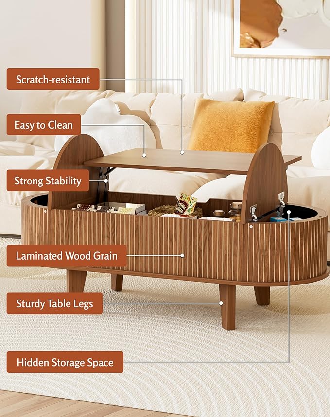 47.2" Lift Top Coffee Table with Storage, Oval Wood Fluted Coffee Table for Living Room, Mid Century Modern Center Table with Flip-Top Design, Walnut