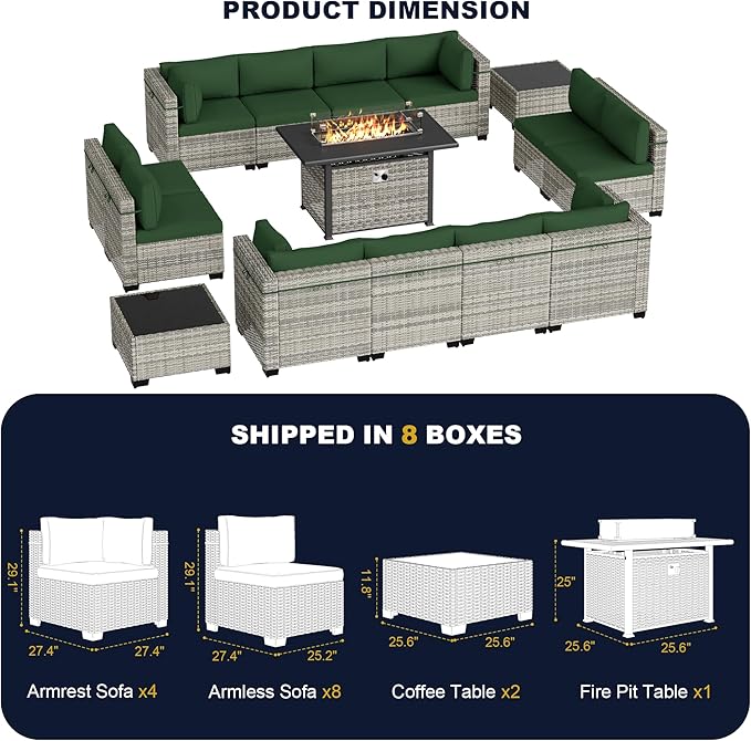 15-Piece Outdoor Patio Furniture Set with 55,000 BTU Fire Pit Table, PE Wicker Rattan Sectional Sofa Conversation Set - All-Weather Garden, Backyard Furniture, Green