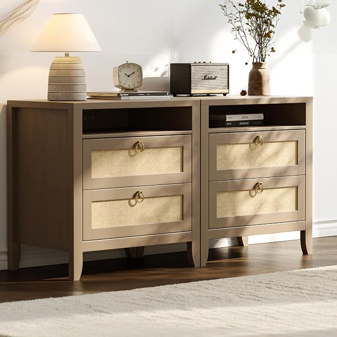 Dowinx 23.6" Night Stand with Charging Station, 2 Drawers and Storage Shelf, Rattan Nightstands Boho, for Bedroom Small Space Corner, Oak - Image 7