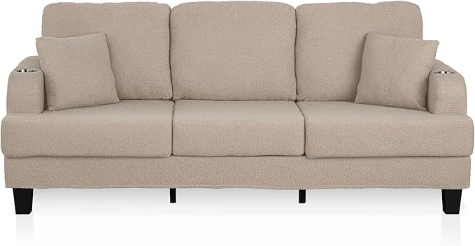 Homes: Inside + Out Reese Modern Plush Boucle Couch with Side Pockets, Cup Holders and USB Ports, Wooden Comfortable Sofa for Living Room, Bedroom and Office, Beige