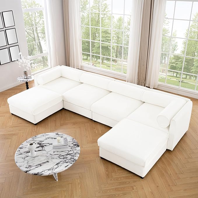KEIKI 143" U-Shaped Modular Chenille Sectional Sofa with Storage Seat, 2 Ottoman, Modern Style 4-Seater Couch with Cylindrical Backrest and Armrests, Easy Assembly, for Apartment, Living Room, White