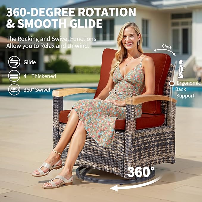 MEISSALIVVE 7 Pieces Patio Furniture Sets, PE Wicker Outdoor Conversation Sets with 2 Wood Armrests Swivel Rocker Chairs, 2 Ottomans, 2-seat Sofa and Dining Table (Red)