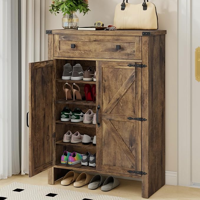 Halitaa Shoe Cabinet, Farmhouse Shoe Storage Organizer, Shoe Storage Cabinet with Doors & Drawer, Boots High-Shoe Cabinet Organizer for Entryway Living Room Hallway, Brown by Halitaa