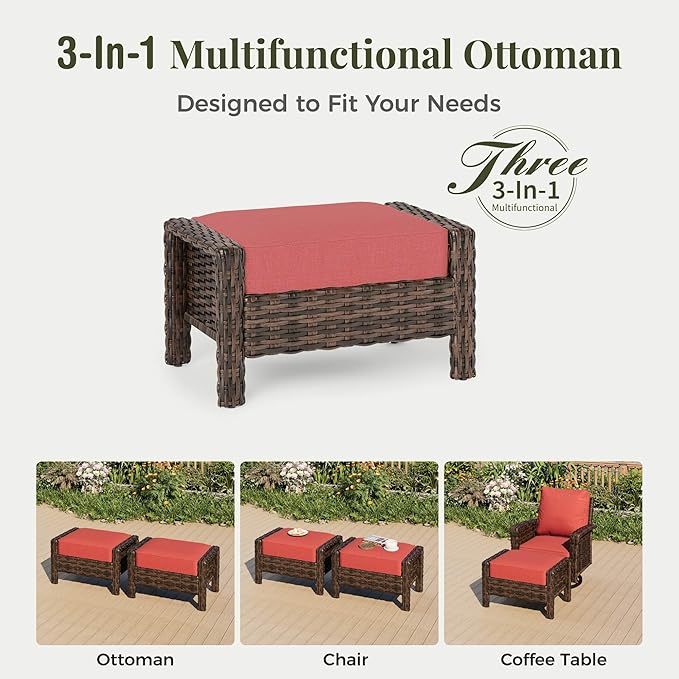 6-Piece Wicker Patio Furniture Set with Swivel Chairs, High Back Outdoor Furniture with 5.5-inch Thick Cushion and Ottoman, All-Weather Wicker Patio Conversation Set for Deck Yard Pool, Red